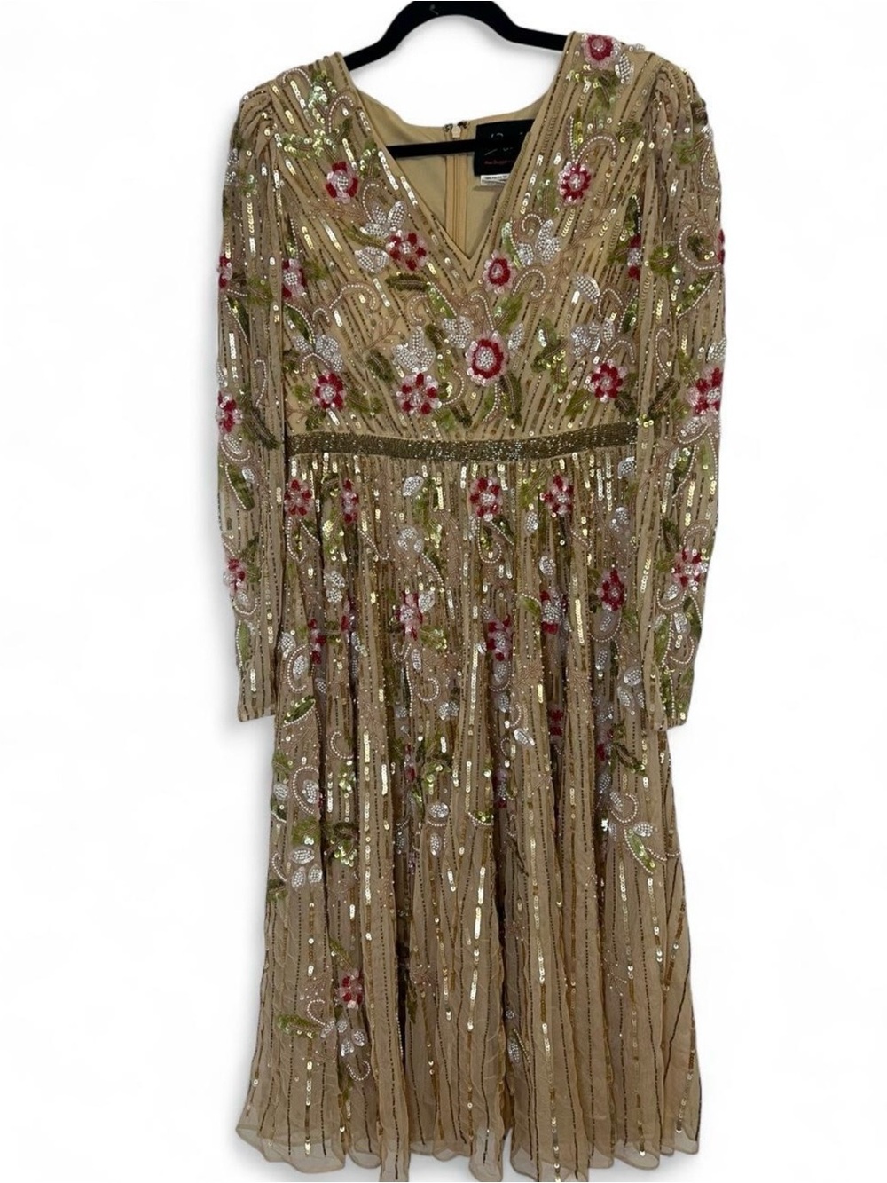 Mac Duggal Embellished V-Neck Floral Beaded Evening Dress in Tan, Pink & Green